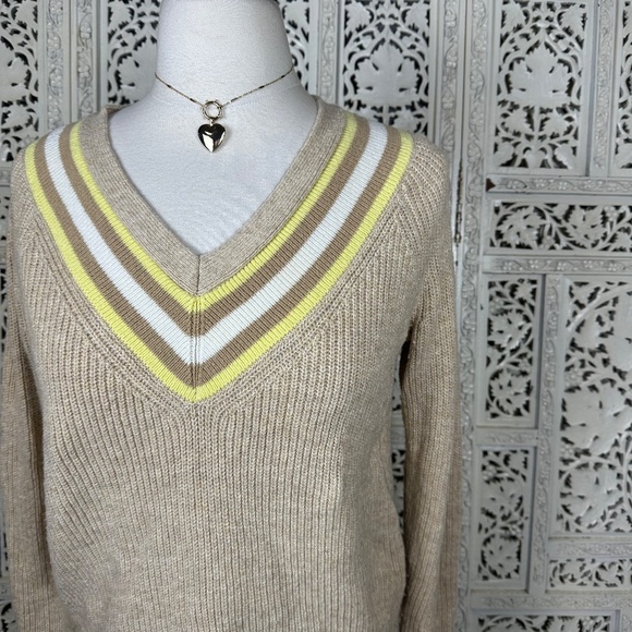 Talbots Tan Yellow Striped V Neck Preppy Tennis Long Sleeve Sweater Sz Small - Picture 2 of 7